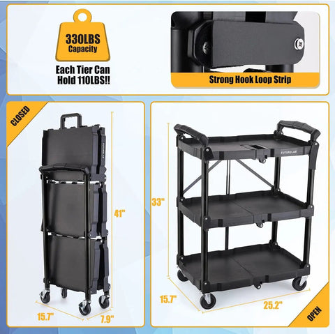 Portable Folding Service Cart With Three Tiers, 330 Lbs Capacity, Rolling Utility Cart On Wheels For Warehouse, Home, Shop