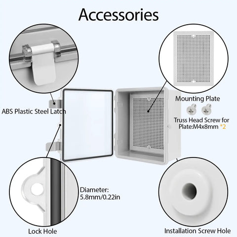 Dustproof Waterproof IP65 Junction Box With Hinged Cover In ABS Plastic, Lock Hole Detail And Installation Accessories