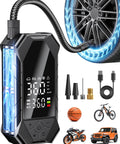 Cordless Tire Inflator Portable Air Pump With LED Light And Smart Digital Gauge, showing attachments and inflating tire and wheels.