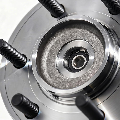 Close-up of beefed up front wheel bearing and hub assembly with ABS for 2015 2016 2017 Ford F150 6 lug 4WD 4x4 heavy duty