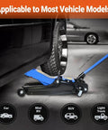 2.5 Ton Hydraulic Floor Jack With Low Profile For Sedans And SUVs lifting a car, visible in use under vehicle, alloy steel.