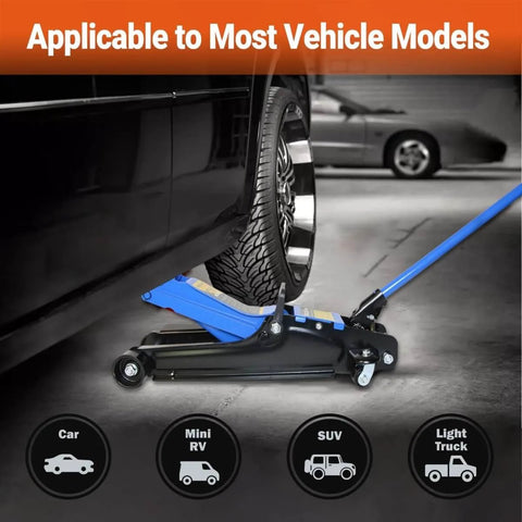 2.5 Ton Hydraulic Floor Jack With Low Profile For Sedans And SUVs lifting a car, visible in use under vehicle, alloy steel.