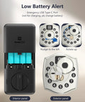 No Sweat Keyless Entry Smart Deadbolt With Fingerprint Scanning App Control And Secure Keypad For Your Front Door showing battery alert and function panels.