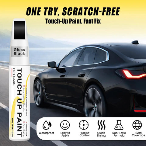 Gloss Black Car Scratch Repair Pen With 2 In 1 Brush Tip Quick Dry Long Lasting OEM Color Match 0.4 Fl Oz Easy Fix For Light Scratches Chips And Scuffs On Cars And Trucks next to black car