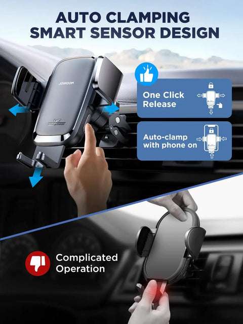 15W Wireless Car Charger With Auto Clamping Air Vent Mount for iPhone 17/16/15 Pro Max in use, highlighting auto-clamp feature.