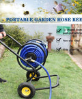 Heavy Duty Garden Hose Reel Cart With Smooth Rolling Wheels, Ergonomic Design Helps You Wind Pipes No Sweat, Spacious Storage Trolley Keeps Outdoor Gear Neat, Reliable Buddy For Weekly Lawn Grind on grass with blue hose.