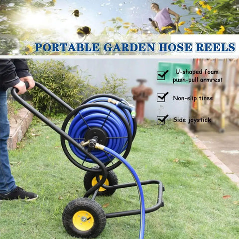 Heavy Duty Garden Hose Reel Cart With Smooth Rolling Wheels, Ergonomic Design Helps You Wind Pipes No Sweat, Spacious Storage Trolley Keeps Outdoor Gear Neat, Reliable Buddy For Weekly Lawn Grind on grass with blue hose.