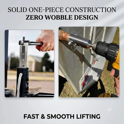 Heavy Duty Trailer Jack Drill Adapter Kit With A Rock Solid Zero Wobble Hex Socket For Dead Tight Torque And No Fuss RV Camper Hauler Maintenance, showing one-piece stainless steel construction and drill attachment.