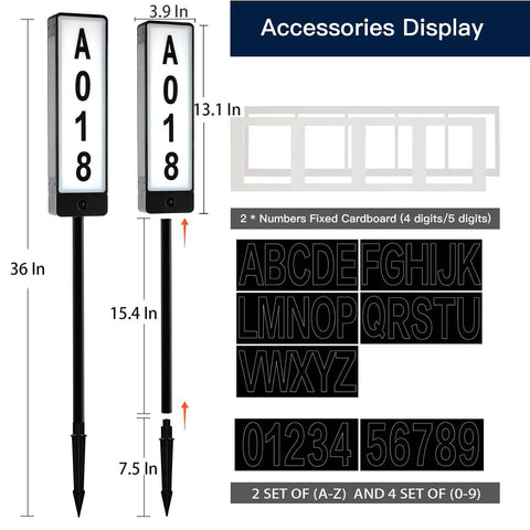 Dual Sided Solar Address Plaque With LED Lights, Outdoor Weatherproof Address Sign, stakes, letter and number sets displayed