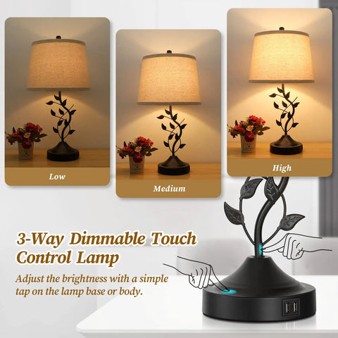 3 Way Dimmable Touch Table Lamps Set Of 2 For Living Room And Bedroom With USB Charging Ports Bedside Nightstand Reading Lamps Vintage Vine Design Bulbs Included Retro End Table Office Lighting