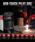 Plasma Cutter 55A Non HF Non Touch Pilot Arc 4 In 1 cutting metal plate, LED display, IGBT inverter, in workshop setting.