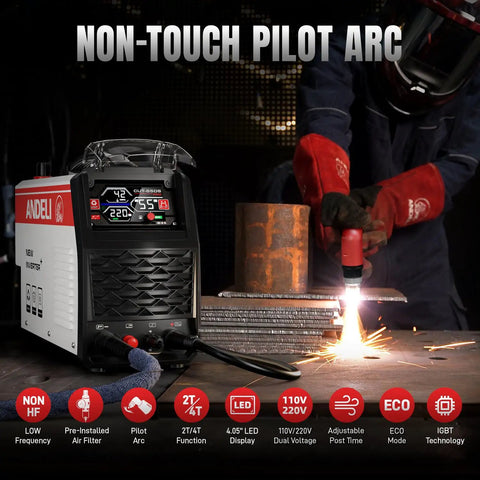 Plasma Cutter 55A Non HF Non Touch Pilot Arc 4 In 1 cutting metal plate, LED display, IGBT inverter, in workshop setting.