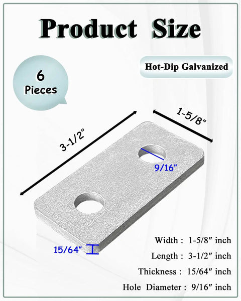Heavy Duty Six Pack Two Hole Flat Plate Fitting For One And Five Eighths Inch Strut Channel Steel Brackets Fifteen Sixty Fourths Inch Thick Tough Galvanized Finish Fits Half Inch Bolt Built For Rooftop Outdoor Solar HVAC, 3-1/2 x 1-5/8 in