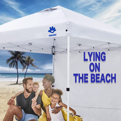 Family under Instant Canopy Sidewalls For 10x10 Pop Up, Waterproof With 99 Percent UV Protection, 3 Piece White Set on beach