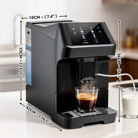Get That Fresh Barista Hit Without The Hustle Using This Automatic Espresso Coffee Machine Loaded With A Built In Grinder And Auto Milk Frother For Slick Bean To Cup Brewing And Smooth Flavor Daily, showcasing a black espresso machine brewing coffee.