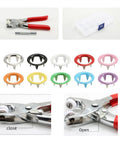 Five Claw Buckle Snap Plier Tool Kit With 100 Sets 9.5mm metal snaps, pliers, rod, and storage case displayed.