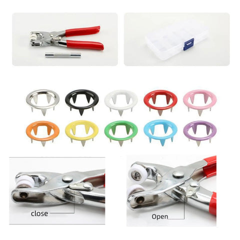 Five Claw Buckle Snap Plier Tool Kit With 100 Sets 9.5mm metal snaps, pliers, rod, and storage case displayed.