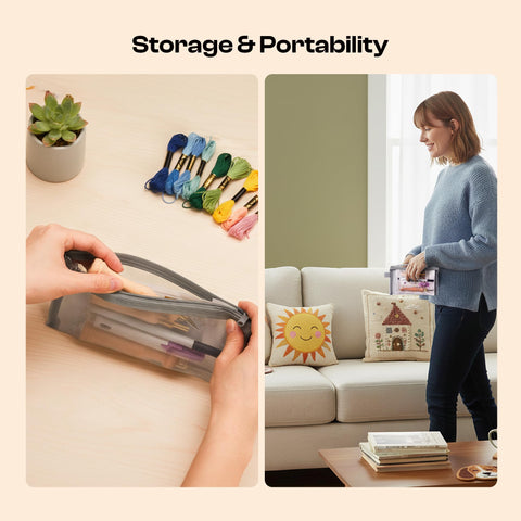 Dope All In One Punch Needle Kit in storage bag on table and carried by woman, showing portability and organization.