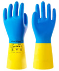 Hardcore Double Dipped Neoprene Rubber Chemical Gloves Built Like A Tank For Heavy Duty Acid Alkali Hazmat Protection featuring blue color and yellow cuffs.