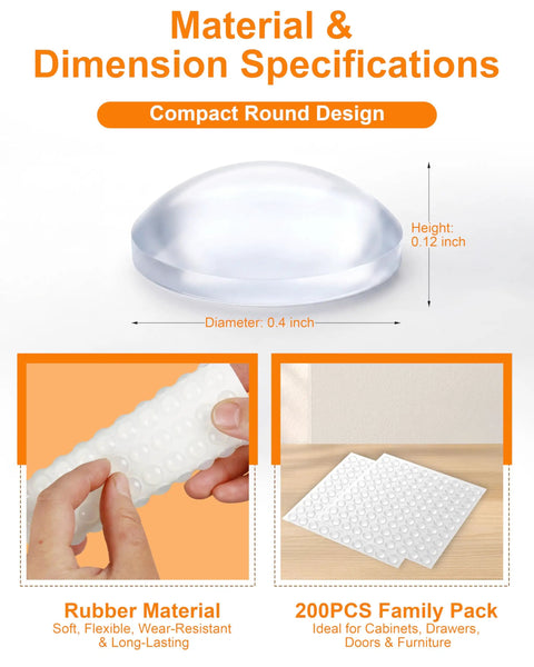 200 Piece Clear Silicone Cabinet Bumpers With Sticky Self Adhesive Backing For Dead Quiet Drawers And Smooth Furniture Glide dimensions with compact round design shown.
