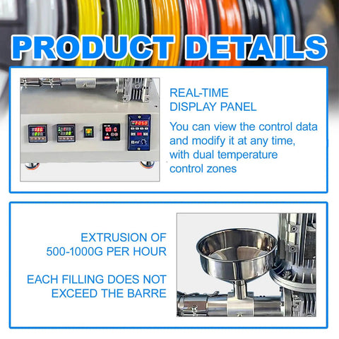 Single Screw 3D Printing Filament Extruder Cranks Out Premium Abs Pet Tpu Pvc Plastic Pellets control panel and filling bowl view