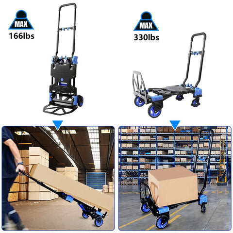 Heavy Duty Folding Hand Truck Dolly With 330Lbs Capacity, Convertible Between 2-Wheel Upright And 4-Wheel Platform Cart, Retractable Handle, Durable Wheels For Easy Moving Of Boxes, Luggage, Groceries, And More in upright and flatbed use