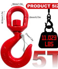 Red 5-ton heavy-duty swivel crane hook with safety latch, 360-degree rotating lifting eye, front view.