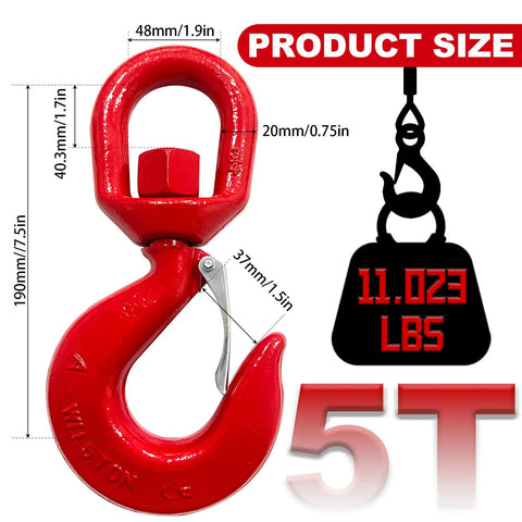 Red 5-ton heavy-duty swivel crane hook with safety latch, 360-degree rotating lifting eye, front view.