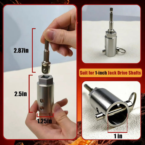 Professional Grade Trailer Jack Drill Adapter Grips Sturdy 1 Inch Drive Shaft Perfectly For Smooth Rotation Featuring Dual Socket Bits Hassle Free Rv Camper Hook Up Tool, showing detailed dimensions and design.