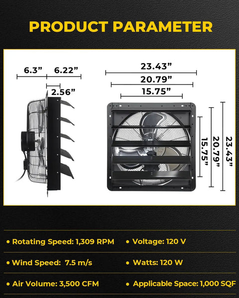 Dimensions and specs of 20 Inch Shutter Exhaust Fan Wall Mounted 3500 CFM With Pre Installed Power Cord