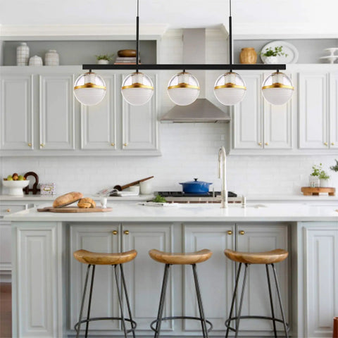 32 Inch Wide Modern LED Kitchen Island Pendant Light Five Light Kit Adjustable Height Dimmable 3000K Warm White Black And Gold Finish Chandeliers For Kitchen Island And Dining Room