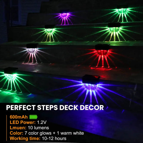 8 Pack Outdoor Solar Deck Lights Waterproof LED Step Lights illuminating stairs with multicolor glow at night