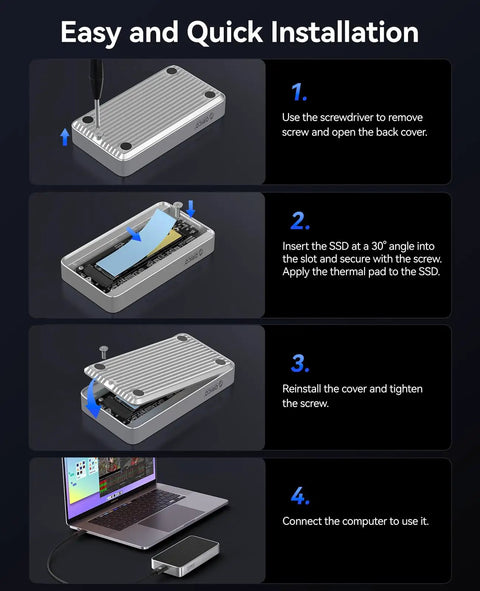 Easy and quick installation guide for Legit External M.2 NVMe SSD Adapter For PCIe 5.0 Drives with clear steps and visuals.
