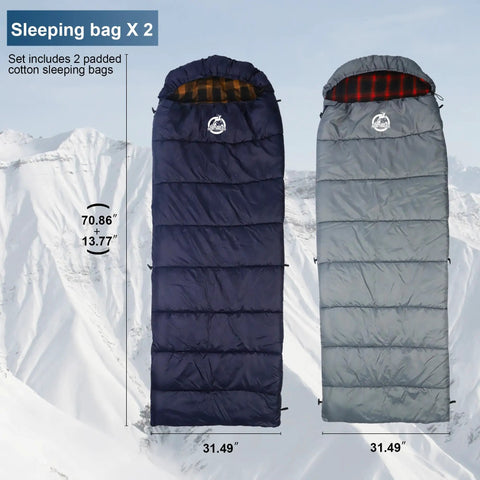 All In One Camping Gear Kit With 2 To 3 Person Dome Tent 2 Sleeping Bags showcasing navy and gray cotton sleeping bags