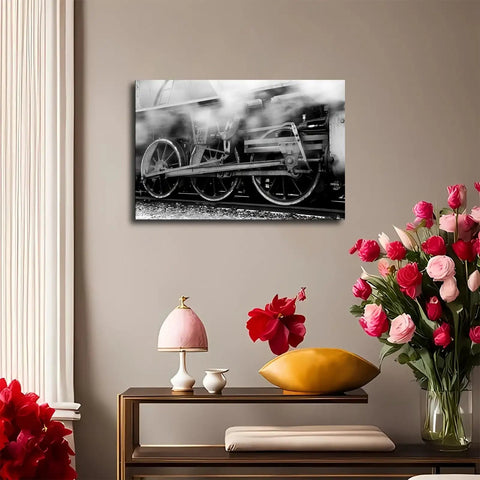Vintage Black And White Train Steam Locomotive Wall Art With Running Gear Wheel Canvas in living room decor