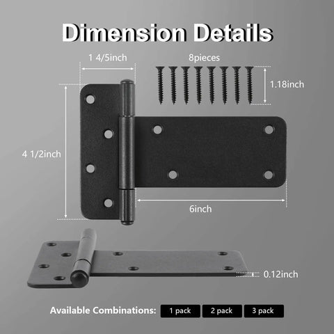 Six Inch Matte Black Steel Door Hinges 6 Pack Heavy Duty Gate Hardware With Included Screws dimensions and installation guide.