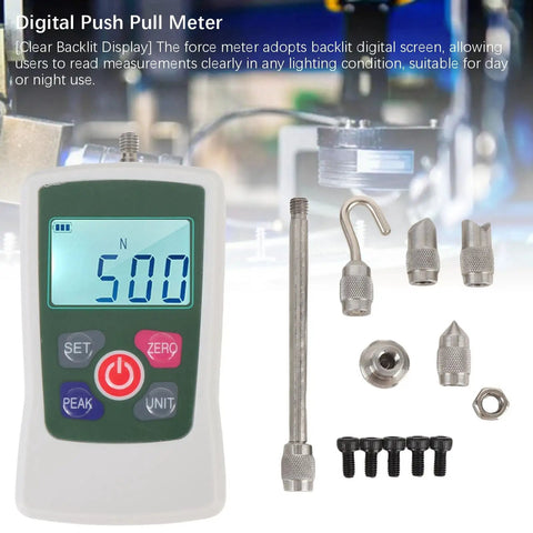 Portable 100n Push Pull Force Meter With Backlit Screen And Auto Shutdown All Around Digital Force Tester For Precise Tension And Compression Easy Readout For Lab And Field Testing, front view with test probes