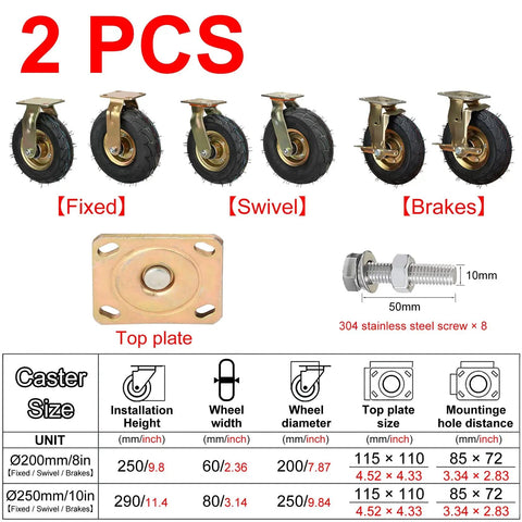 Heavy Duty Pneumatic Rubber Caster Set Featuring Smooth Swivel Brake Options Roll Like Butter On 8 Or 10 Inch Wheels showcasing fixed, swivel, and brake casters.