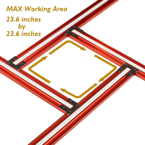Adjustable Juice Groove Router Jig And Variable Square Template Guide With Precision Scaling For Cutting Boards Serving Trays And Pro Level Woodworking Projects With Zero Sweat Setup Measuring 23 6 By 23 6 In, showing red adjustable rails and measuring guides.