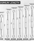 Beefy Stainless Steel Turnbuckle Tensioner Set For Cable Tent Sun Shade And Garden Decor sizes M4 to M12 with max length labels