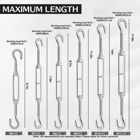 Beefy Stainless Steel Turnbuckle Tensioner Set For Cable Tent Sun Shade And Garden Decor sizes M4 to M12 with max length labels