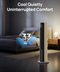 Bedroom Tower Fan With Evaporative Cooling, 43 Inch Upgraded 2025 Model in a dimly lit bedroom for quiet sleep.