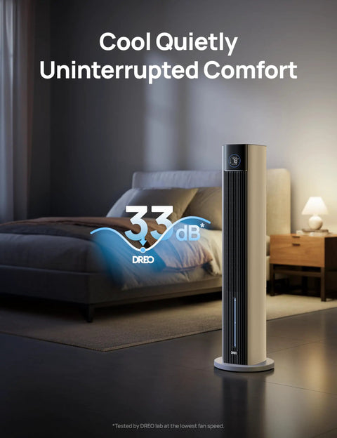 Bedroom Tower Fan With Evaporative Cooling, 43 Inch Upgraded 2025 Model in a dimly lit bedroom for quiet sleep.