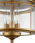 Rustic Gold 3-Light Flush Mount Ceiling Light With Clear Glass Shade, Antiqued Brass Finish, Vintage Style Fixture.