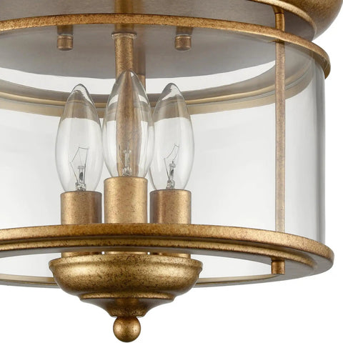 Rustic Gold 3-Light Flush Mount Ceiling Light With Clear Glass Shade, Antiqued Brass Finish, Vintage Style Fixture.