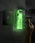Emergency LED Flashlight With Case And Photo Luminescent Body, 378 Lumens On High And 39 Lumens On Low, mounted on wall