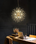 Gold Dandelion Sputnik 9 Light Crystal Chandelier Ceiling Fixture Dope Modern Firework Pendant Light over wooden desk