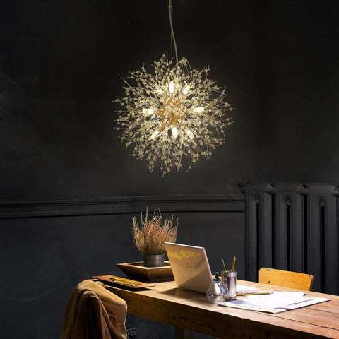Gold Dandelion Sputnik 9 Light Crystal Chandelier Ceiling Fixture Dope Modern Firework Pendant Light over wooden desk