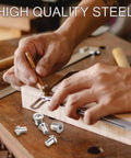 Pro Grade Dowel And Tenon Center Pins Set Features Twenty Four Pieces Across Six Exact Sizes Delivering Flawless Joint Fit For Woodworkers Who Want Killer Accuracy Without The Hype, showing chrome steel dowel pins and a wood layout.