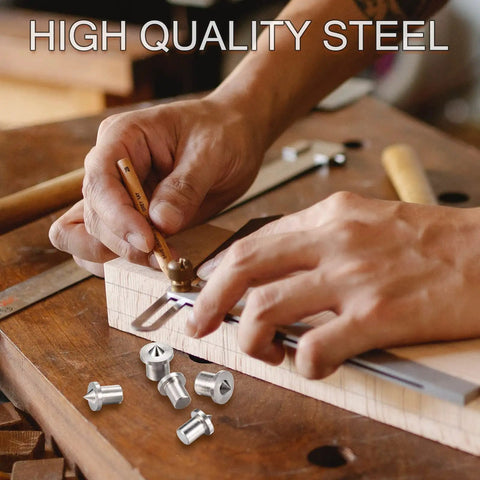 Pro Grade Dowel And Tenon Center Pins Set Features Twenty Four Pieces Across Six Exact Sizes Delivering Flawless Joint Fit For Woodworkers Who Want Killer Accuracy Without The Hype, showing chrome steel dowel pins and a wood layout.